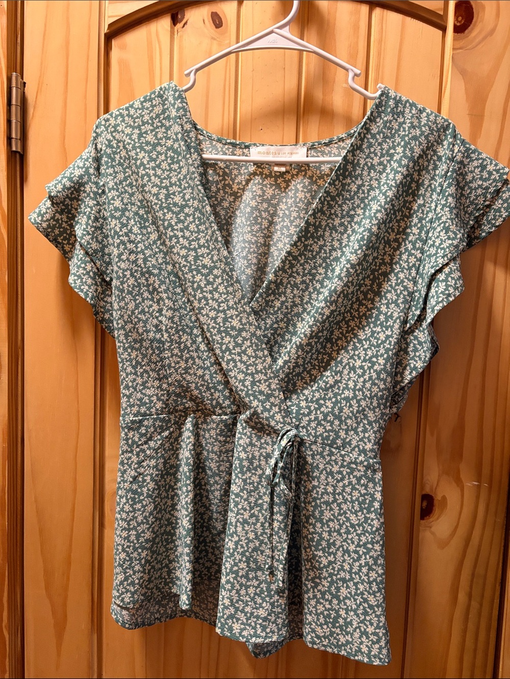 Monteau Teal Green Floral Wrap Blouse